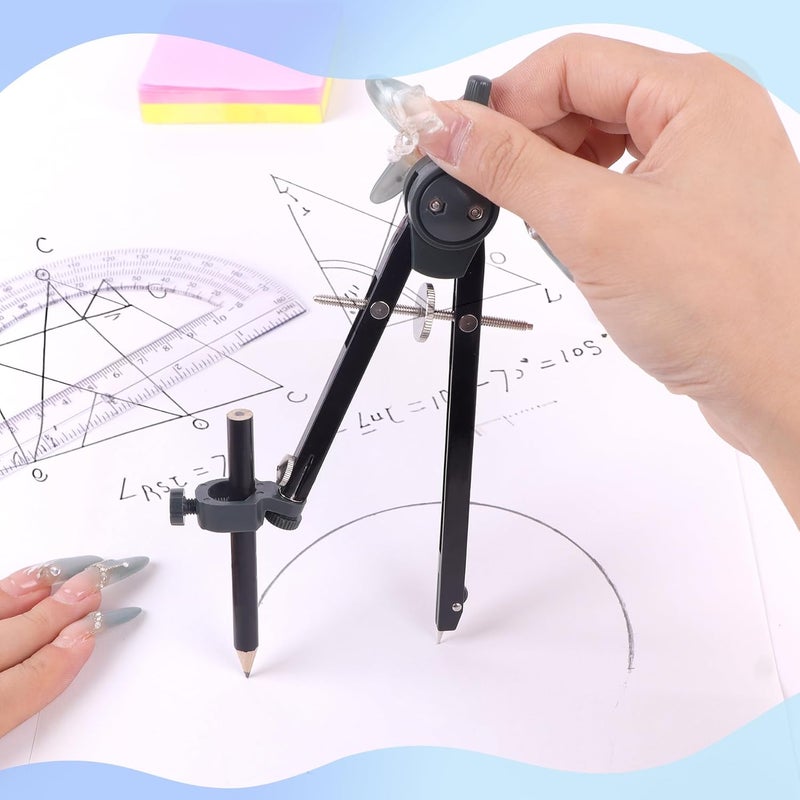 Unjoo Professional Compass for Geometry Set, Metal Compass with Wheel and Lock for Geometry, Drawing Compass Tool, Circle Drafting Tool, and 6 Inch Math Protractors 180 Degree (Black) - Image 5